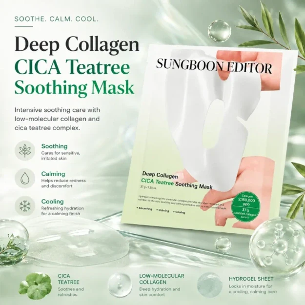 Sungboon Editor Deep Collagen Cica Teatree Soothing Mask – raminamoji hidrogelinė kaukė, 1 vnt.